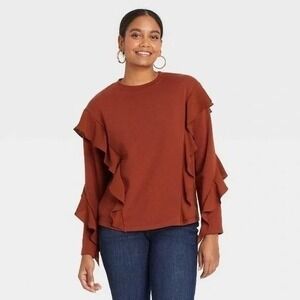 NWT‎ XS Women's Casual Ruffle Crew Neck Sweatshirt Brown Rust